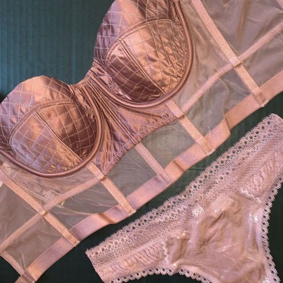 NWT Victoria's Secret longline 32C BRA SET thong quilt BROWN gold foil VERY SEXY - Picture 2 of 3